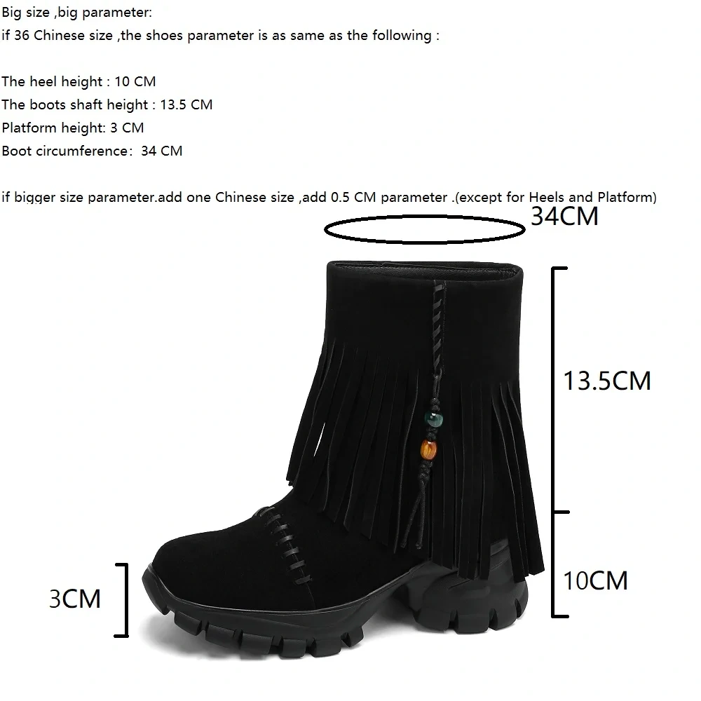 New Autumn Winter Women's Suede Leather 10cm Thick Sole Inner Height Tassel Bead Stitched Casual Versatile Ankle Boots 50930