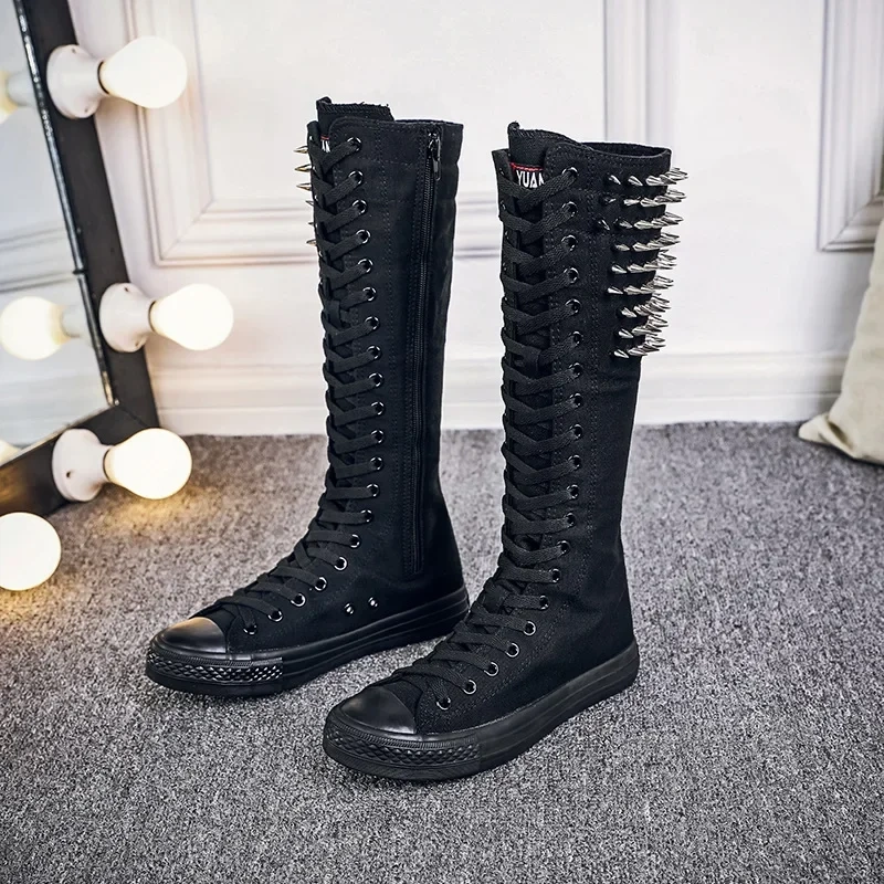 Spring Autumn New Korean Style Slim Flat Sole Rivet Plus Size 42 43 Canvas Women Knee-High Long Boots Ladies Dance Shoes 2210