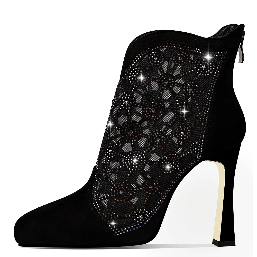 Women's Spring Summer Fashion Pointed Toe 9.5 CM Stiletto Genuine Leather Mesh Crystals Platform Zipper Ankle Boots 50609