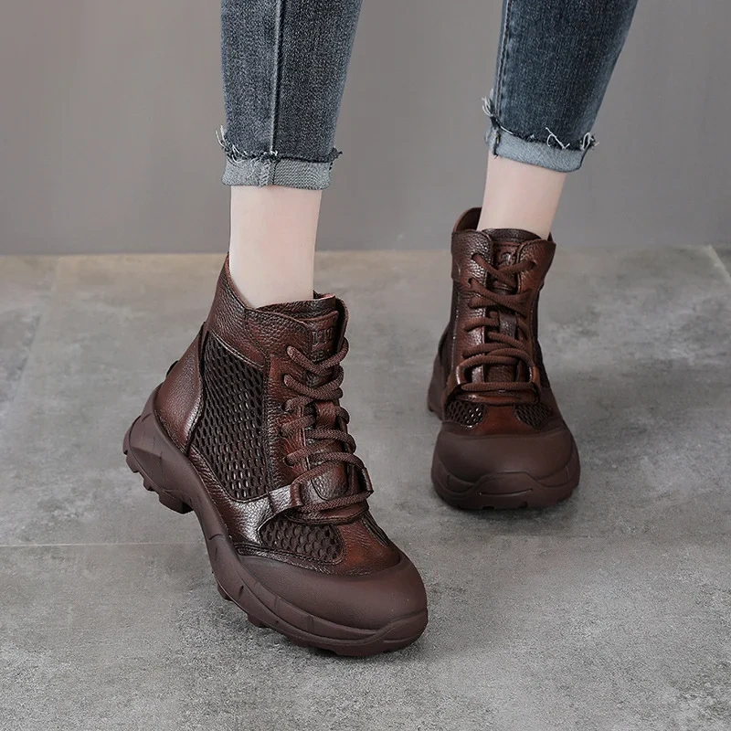 Women's Spring Summer New Slim 4CM Genuine Leather Thick Sole Hollow-Out Lace-Up Solid Color Flats Concise Ankle Boots 50703