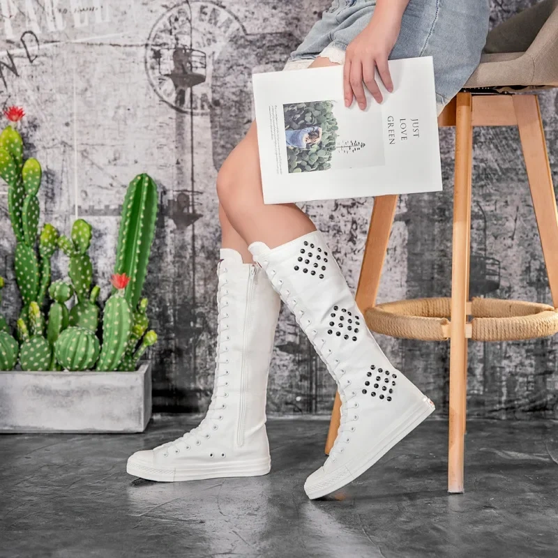 Women Sneakers Punk Style Slim Flat Heels Cross-tied Rivet Plus Size 42 43 Canvas Ladies Knee High Long Riding Knight Boots