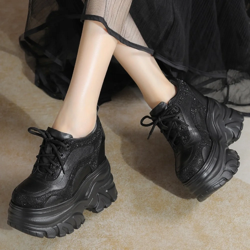Women Modern Pumps British Style New Slim Height Increasing Platform Crystal Genuine Leather Lace-Up Ladies Casual Sneakers 2407