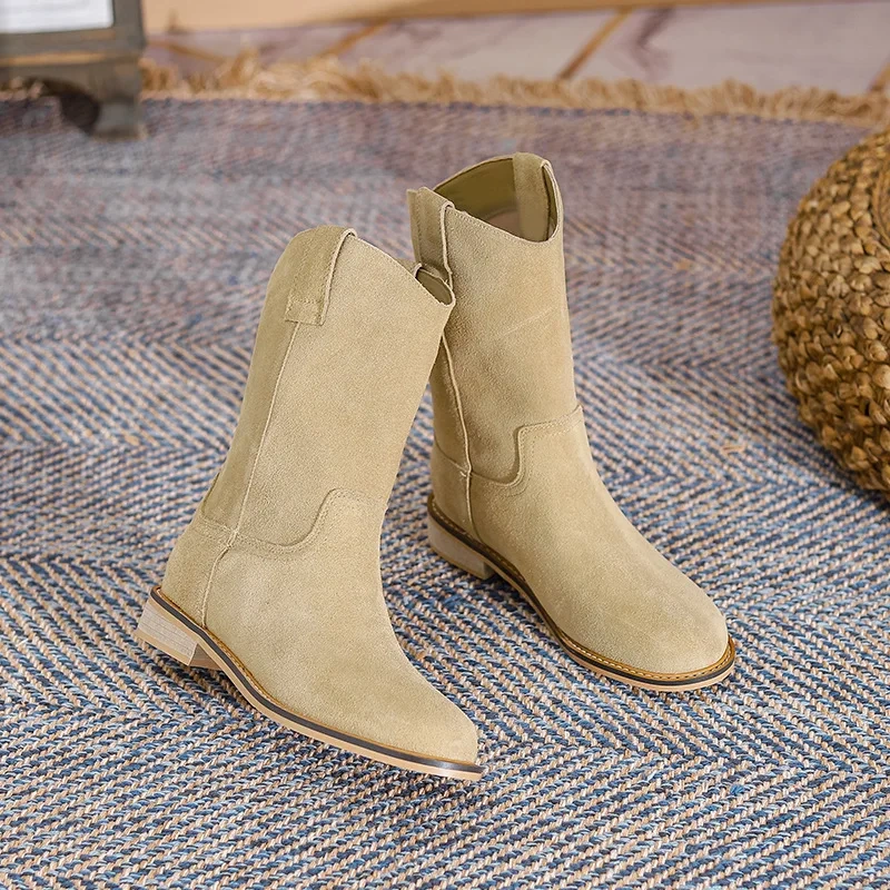Spring Autumn New European America Style Retro Thick Heels Round Toe Sewing Genuine Leather Women Mid-Calf Half Western Boots