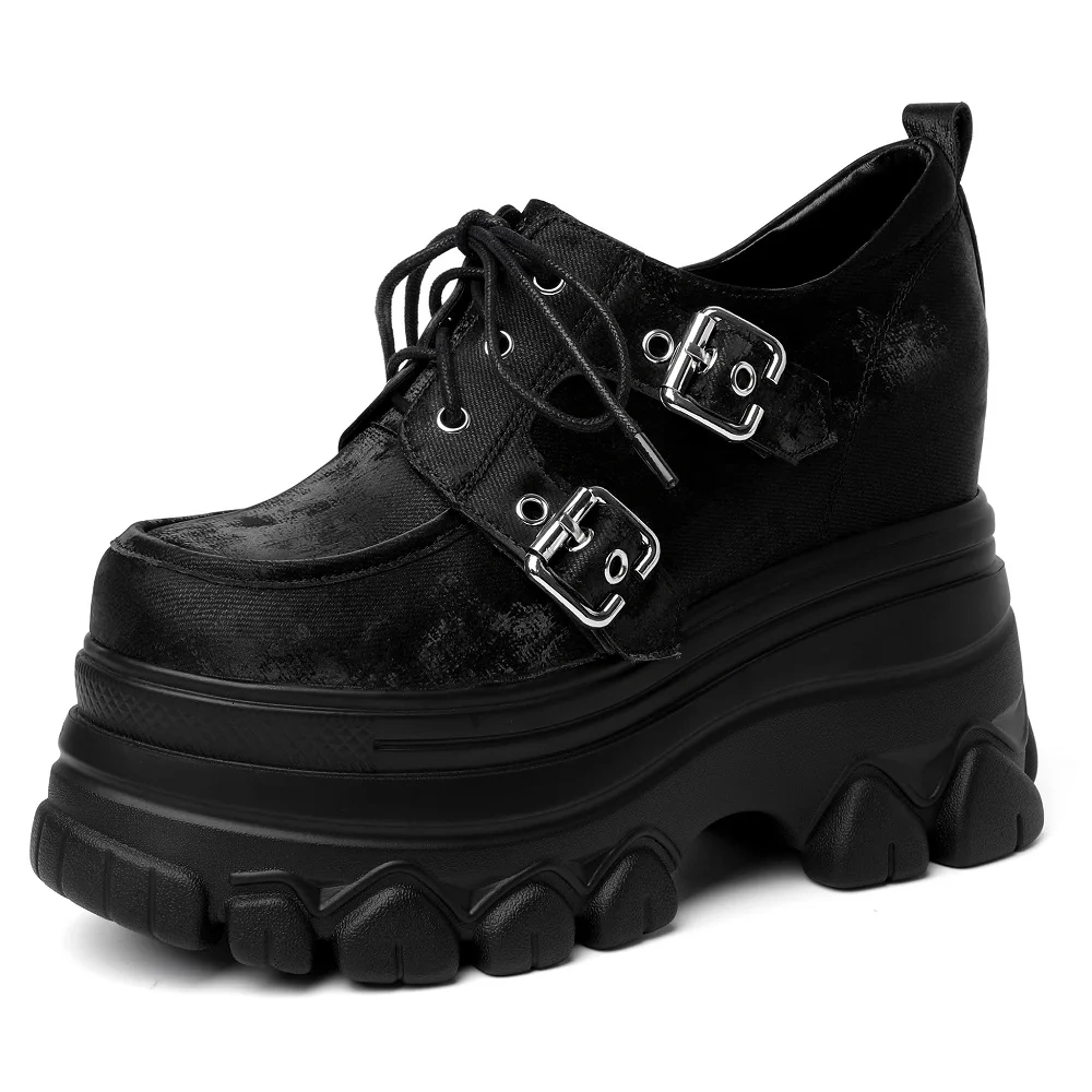 Spring Autumn New British Style Retro Height Increasing Wedges Platform Belt Buckle Lace-Up Genuine Leather Women Pumps 2402