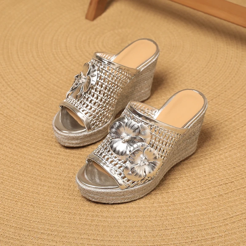 Women's Summer New Slim 9.5 CM Wedge Heel Genuine Leather Woven Cut Out Platform Flower Open-Toe Bling Gladiator Slippers 50609