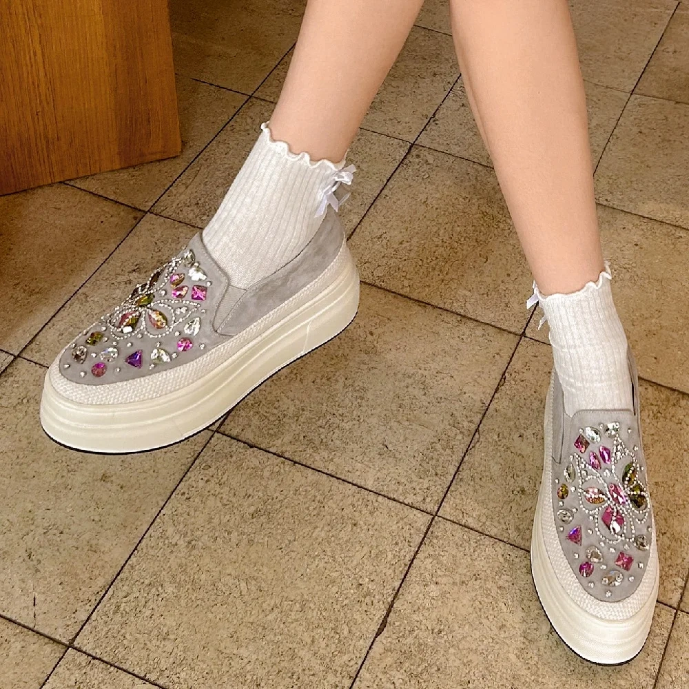 Spring Autumn New Leisure Chunky Bottom Platform Crystal Rhinestone Genuine Leather Women Casual Sneakers Ladies Casual Shoes