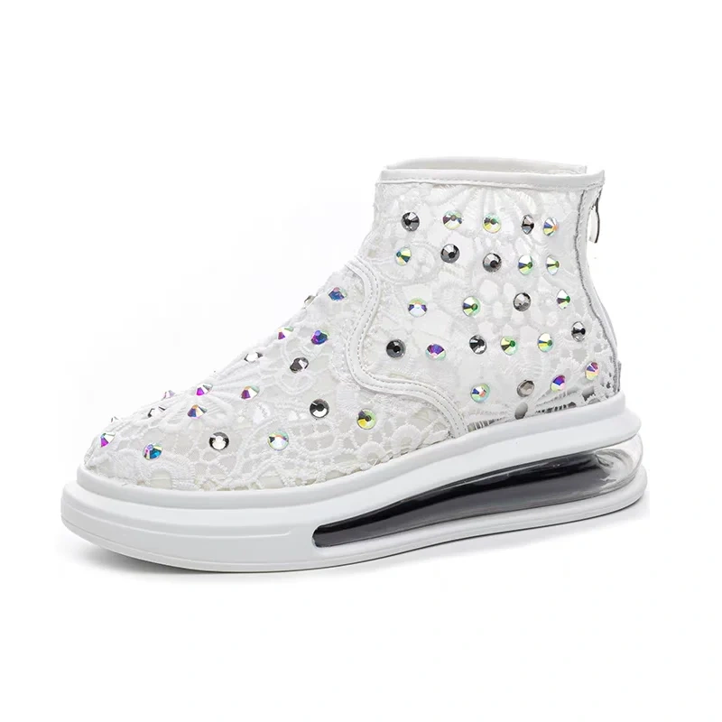 Women's Summer New Slim Fit 5 CM Heel Lace Genuine Leather Wedge Bling Crystals Zipper Platform Casual Shoes 50605