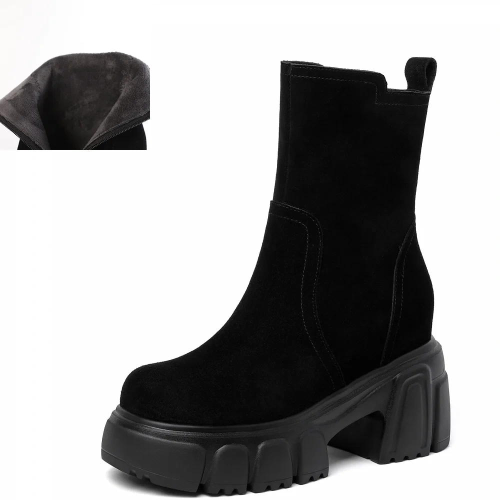 Solid Color Side Zipper 10CM Block Heel Matte Leather Platform Korean Slip On Retro Handmade Women's Autumn Winter Boots 51017