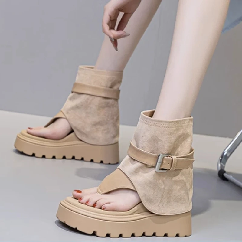 Women's Summer New Slim 12 CM Inner Heightening Genuine Leather Toe Pinching Platform Belt Buckle Gladiator Ankle Boots 50708