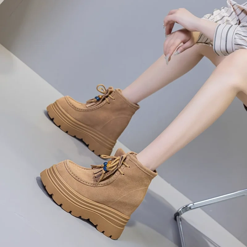 British Style Tassel Lace-Up Genuine Leather 12 CM Thick Sole Casual Beaded Cow Suede Versatile Autumn Women Ankle Boots 51014