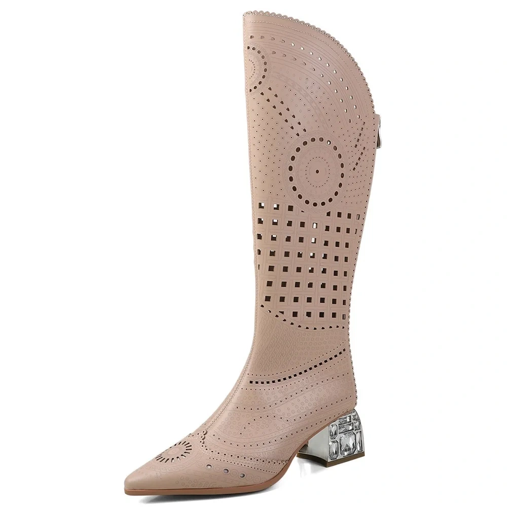 Women's Spring Summer Fashion Slim 5.5 CM Chunky Heel Pointed Toe Genuine Leather Cut Out Crystals Zipper Knee High Boots 50613