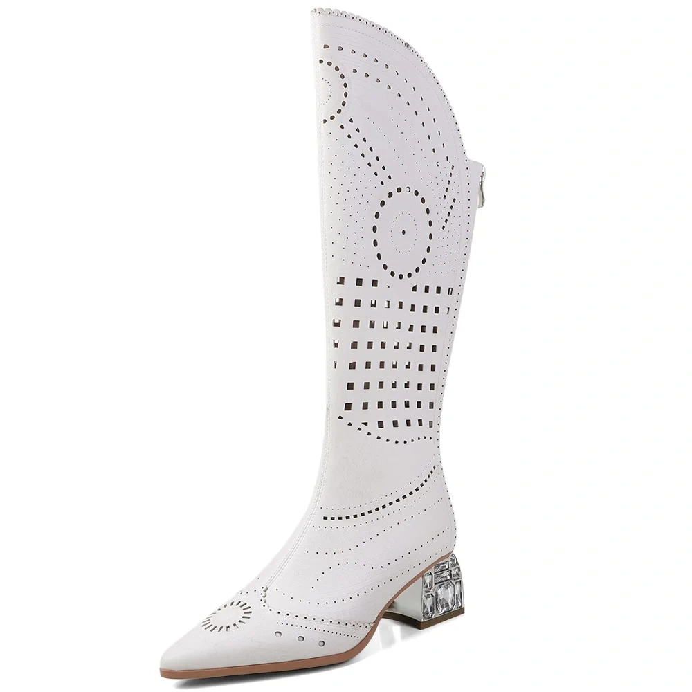 Women's Spring Summer Fashion Slim 5.5 CM Chunky Heel Pointed Toe Genuine Leather Cut Out Crystals Zipper Knee High Boots 50613