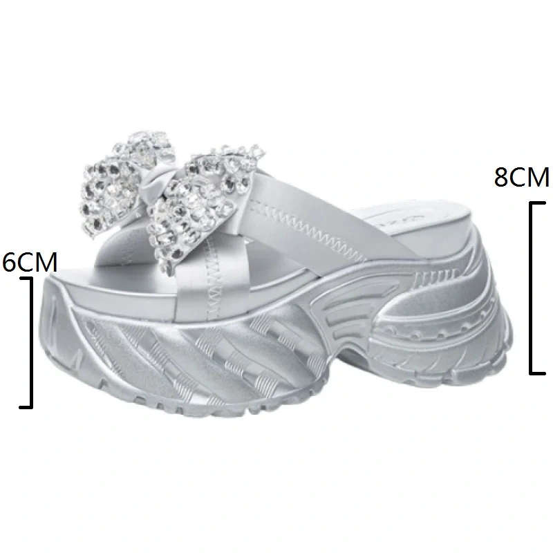 Women's Summer New Fashion 8CM Thick Sole Genuine Leather Platform Bow Peep Toe Crystals Korean Style Slide Sandals 50713