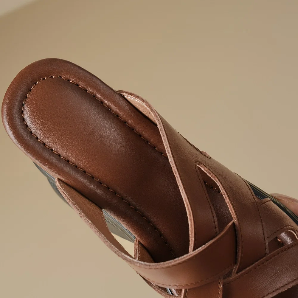 Women's Summer 14 CM Wedge Platform Genuine Leather Roman Slippers Open Toe Gladiator Hollow Out White Sandals 50521