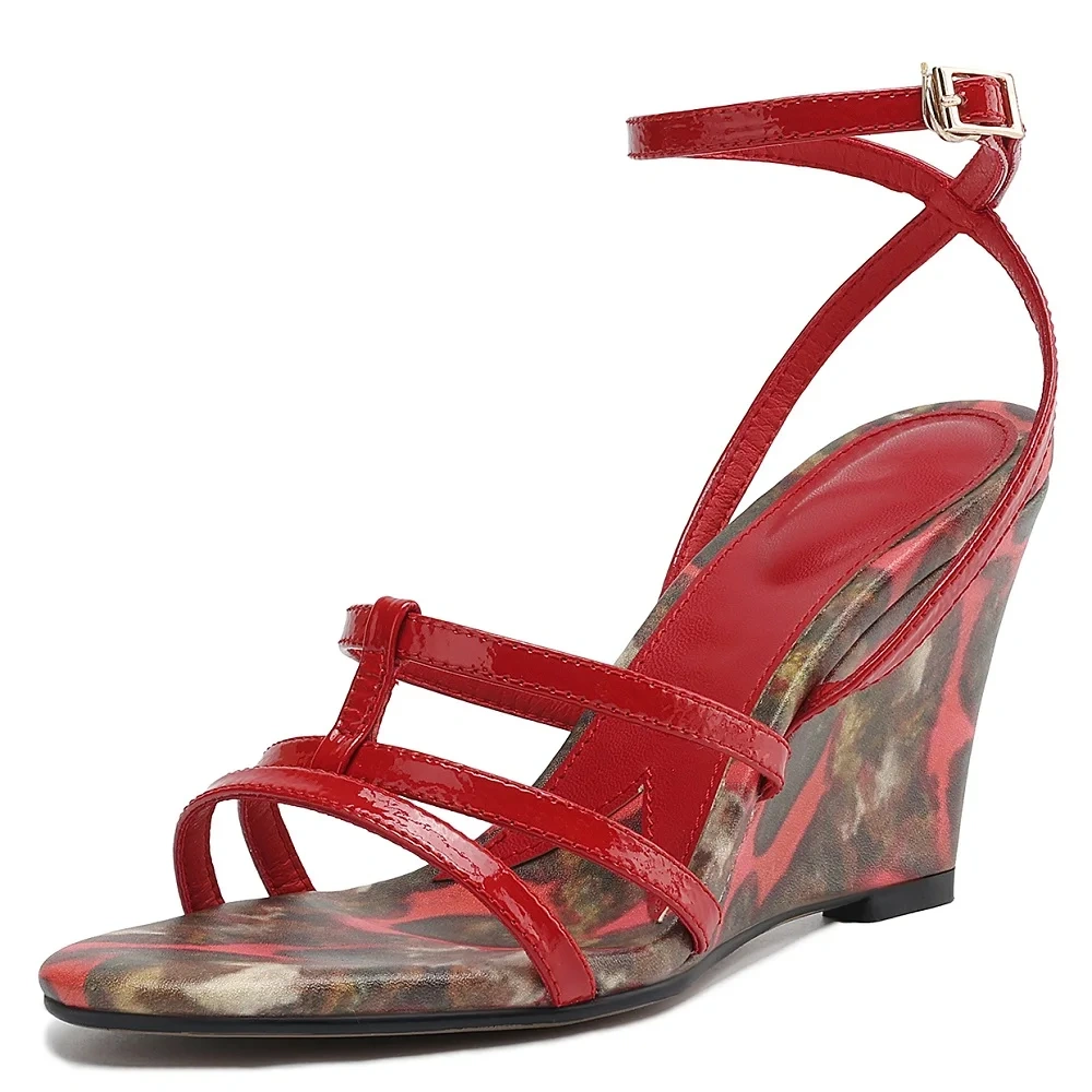 Women's Summer Fashion 8 CM Wedge Heel Red Printed & Color Blocking Genuine Sheep Leather Open Toe & Back Sandals 50617