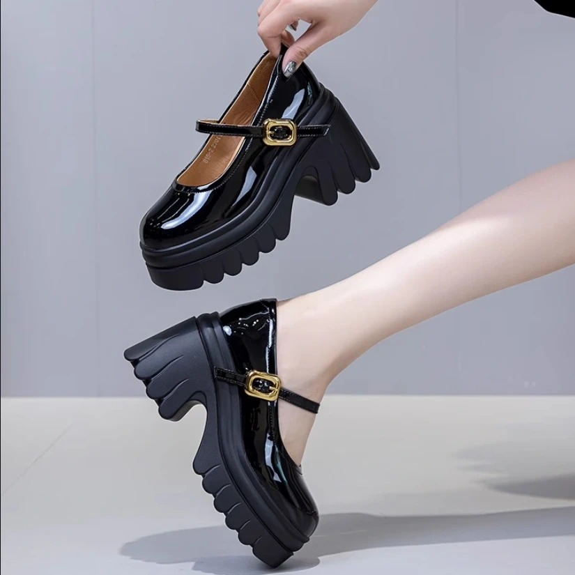 Women's Spring Summer Chunky Heel 10CM Pointed Toe Genuine Leather Buckle Strap Round Toe Breathable British Style Pumps 50714