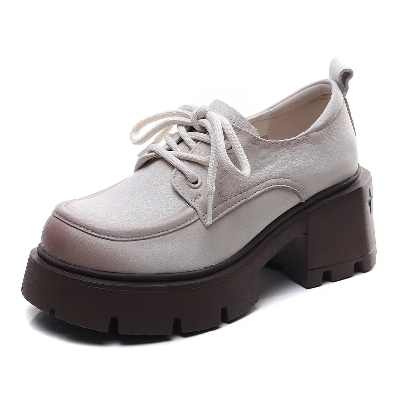Women's New Spring Autumn Genuine Leather 7CM Square Heel Slimming Loafers Lace Up Platform Round Toe Retro Casual Shoes 50729