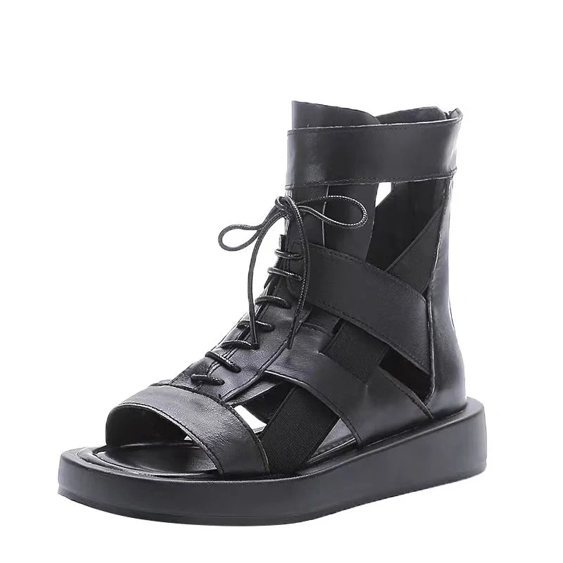 Women's Summer New Slim Fit 3.5 CM Wedge Heel Genuine Leather Zip Lace-Up Peep Toe Cut Out Gladiator Ankle Boots 50605
