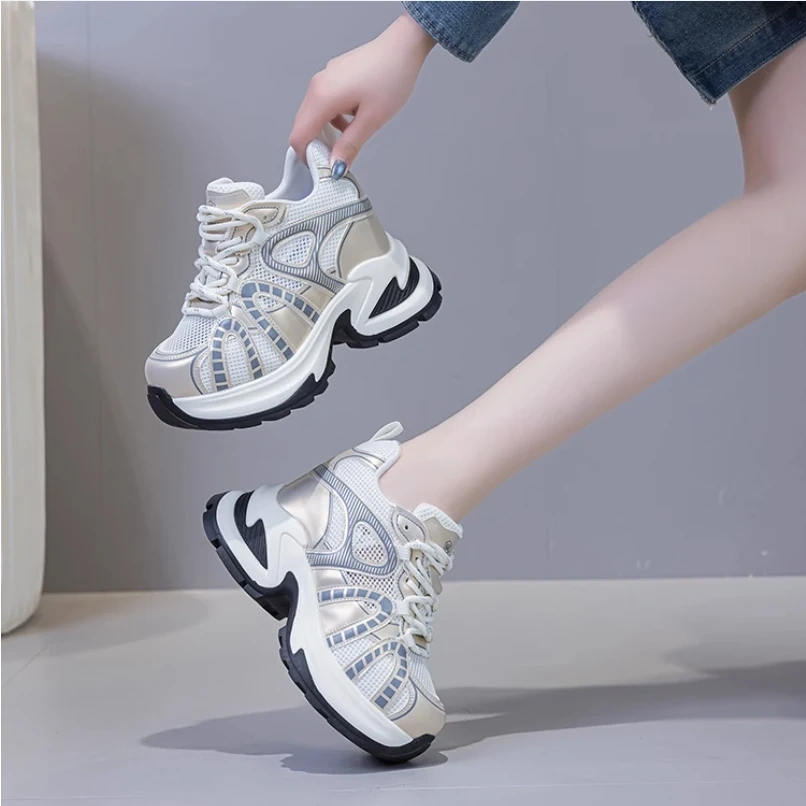 Women's Summer 12 CM Height Increase Genuine Leather & Mesh Breathable Sneakers Hollow Out Lace-Up Color Blocking Shoes 50523