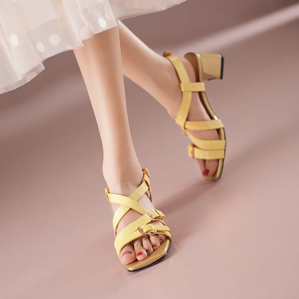 Women's Summer New Fashion Slim 5 CM Chunky Heel Genuine Leather Buckle Open Toe Open Back Soild Color Gladiator Sandals 50616