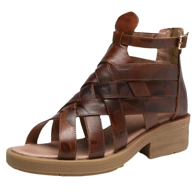 Summer New British Style Retro Thick Heels Peep Toe Narrow Band Cut Out Genuine Leather Women Ankle Short Gladiator Boots 2404