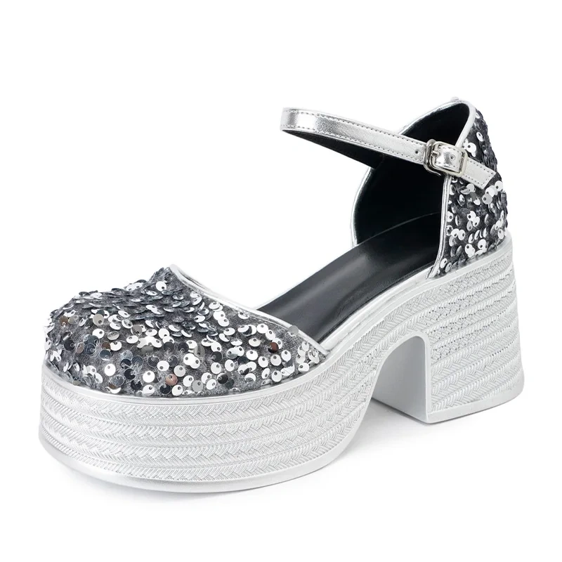 Women's Summer New Mary Jane Pumps 8 CM Chunky Heel Sequins Platform Square Toe Shallow Mouth Buckle Strap Fashion Shoes 50614