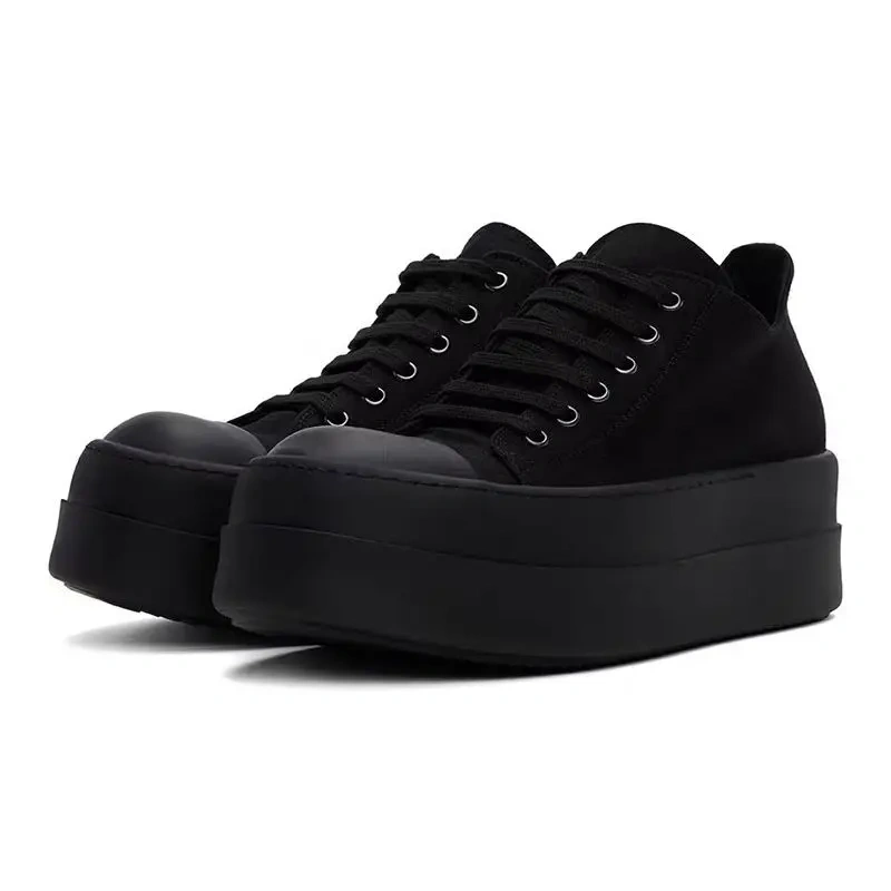 Men's Summer Spring New Sole 5cm Platform Genuine Leather Canvas Black White Color Block Round Toe Lace-Up Casual Shoes 50715