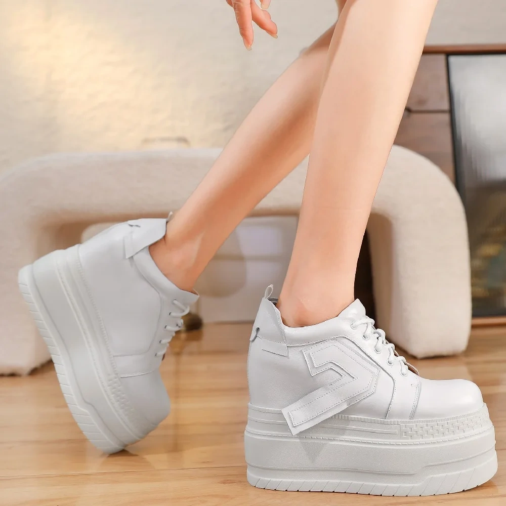 Women's Autumn Genuine Leather Round Toe Lace-Up Casual Shoes 12CM Inner Heightening Sole Solid Color Platform Sneakers 50903