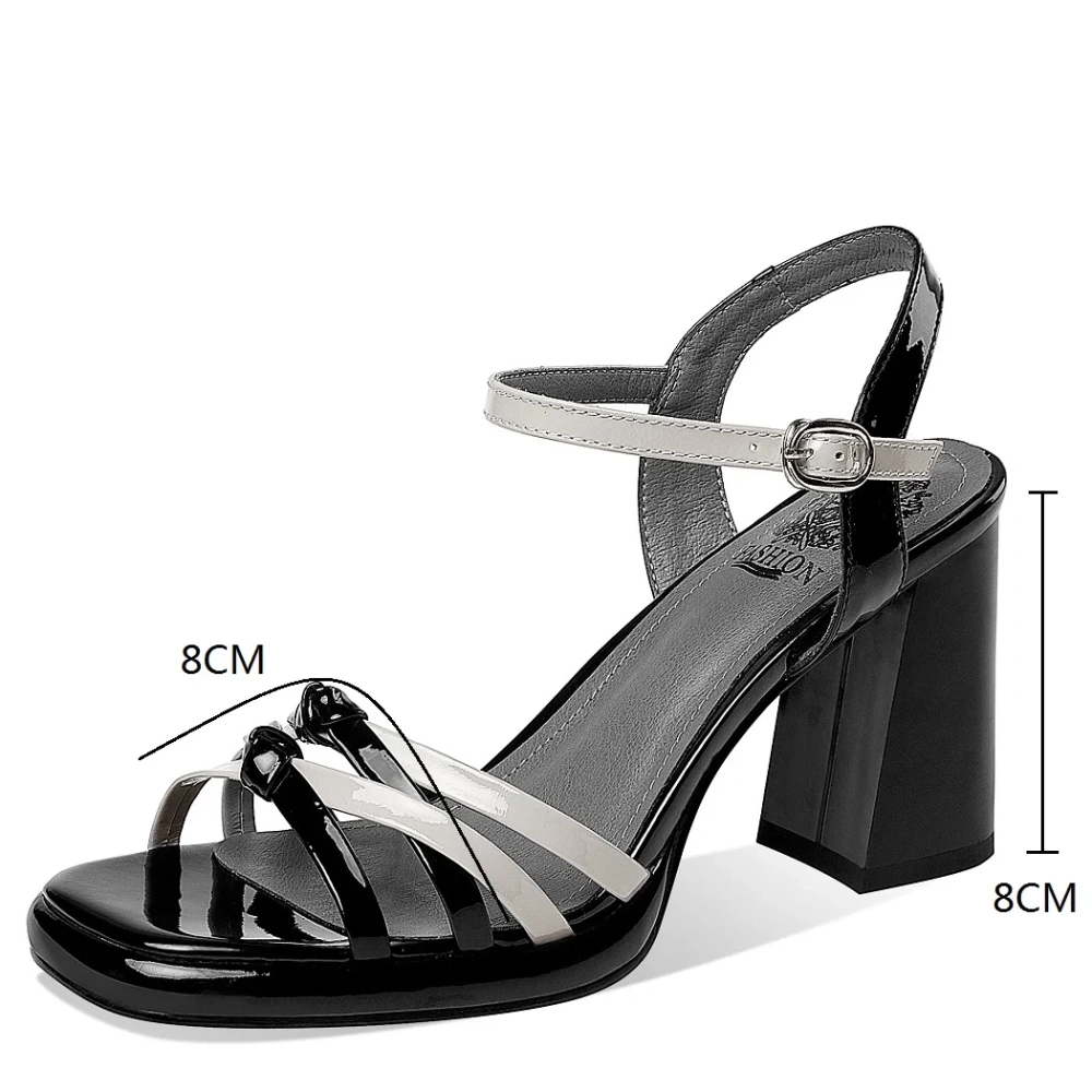 Women's Summer Fashion Slim 8 CM Chunky Heel Peep Toe Genuine Leather Mixed Color Gladiator Cross Strap & Buckle Sandals 50617