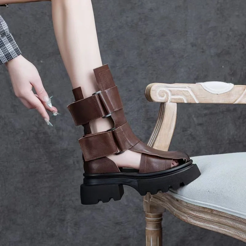 Women's New Slim Fit 6.5CM Chunky Heel Genuine Leather Cut out Hook&Loop Retro Gladiator Mid-Calf Summer Boots 50605