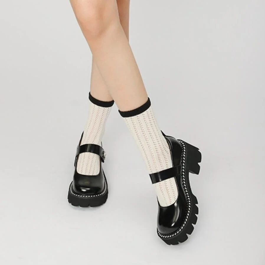 Spring Autumn New British Style Retro Thick High Heels Platform Rhinestone Belt Buckle Patent Leather Women Mary Janes Pumps