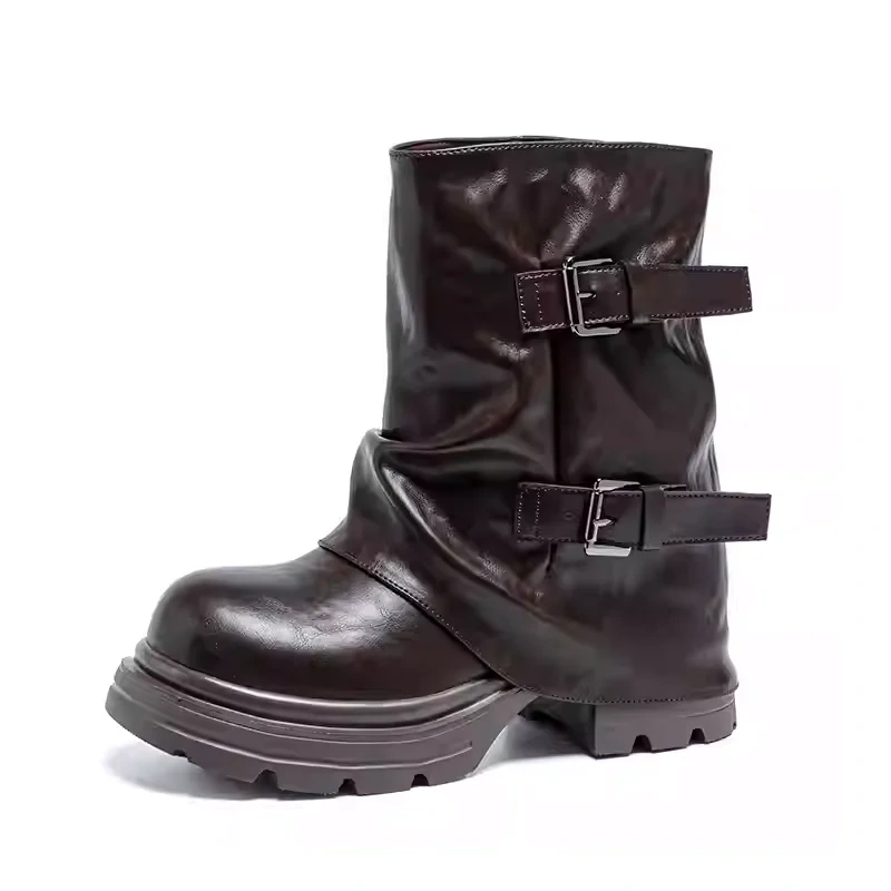 Genuine Leather Women's Autumn Winter New Retro 12CM Hidden Heel Belt Buckle Platform Classic Concise Casual Ankle Boots 51011