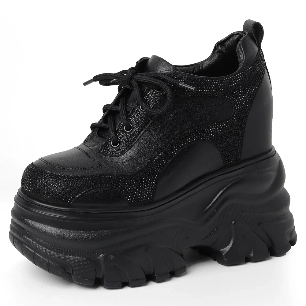 Women Modern Pumps British Style New Slim Height Increasing Platform Crystal Genuine Leather Lace-Up Ladies Casual Sneakers 2407