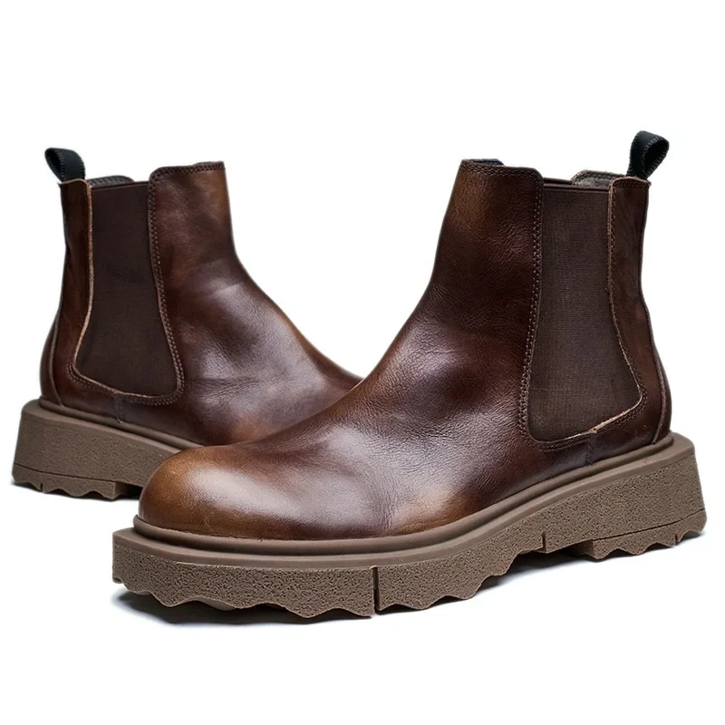 Spring Autumn New British Style Retro Simple Sewing Genuine Leather Men Ankle Winter Plush Short Chelsea Boots