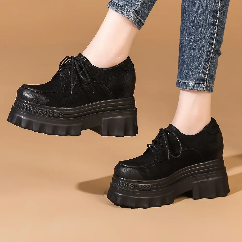 Spring Autumn New British Style Retro Height Increasing Platform Wedges Sewing Lace-Up Genuine Leather Women Casual Pumps 2401