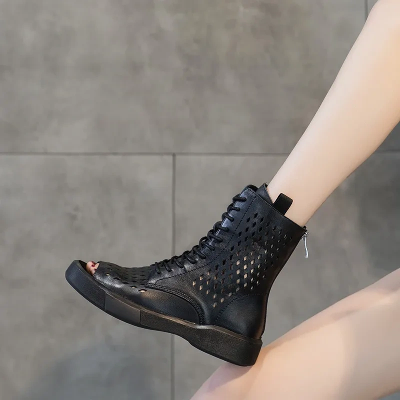 Summer New Fashion Chunky Bottom Peep Toe Cross-tied Hollow Genuine Leather Women Ankle Short Modern Gladiator Boots 2304