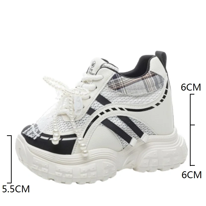 Women's Spring Autumn Fashion 10 CM Hidden Wedge Genuine Leather Mesh Sneakers Round Toe Lace Up Pearl Shoes 50522