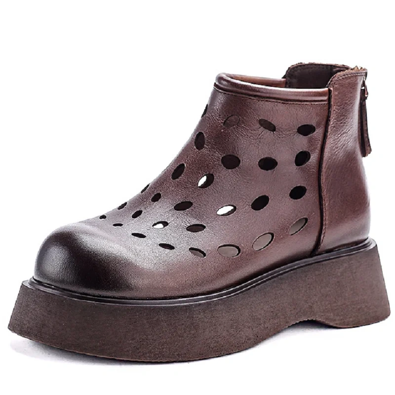 Women's Spring Summer Slim 5 CM Thick Sole Genuine Leather Round Toe Cut Out Zipper Platform Retro Solid Color Ankle Boots 50630