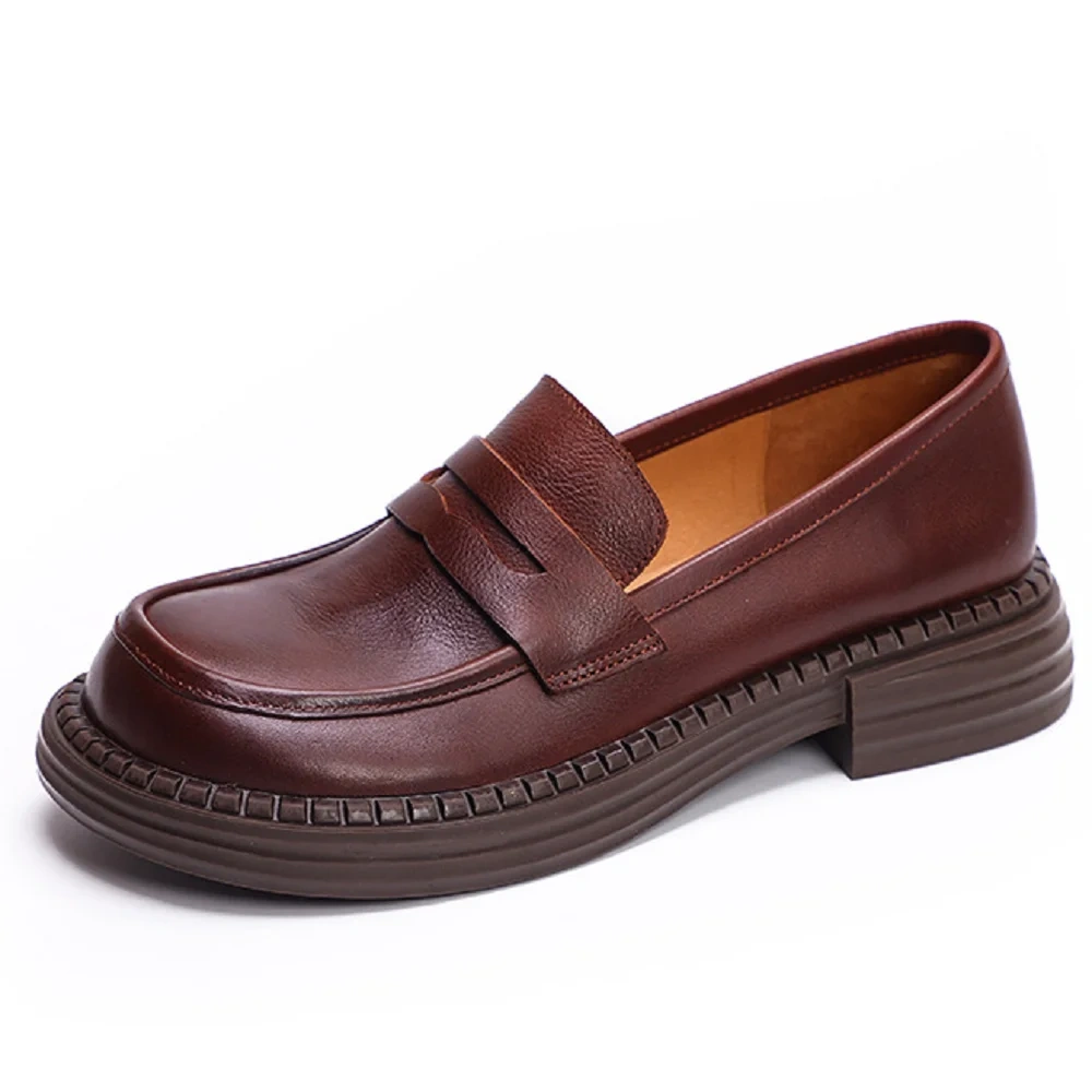 Women Spring Autumn New Slim 3 CM Square Heel Slip On Solid Color Round Toe Comfort Flats Retro Casual Loafers Shoes 50620