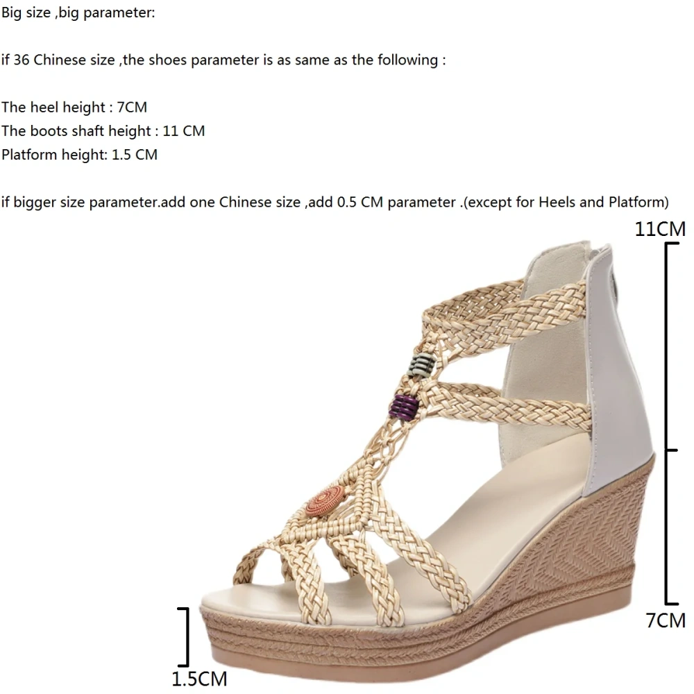 Women's Summer New Slim 7CM Wedge Heel Thick Sole Genuine Leather Woven Beaded Open Toe Zipper Platform Plus Size Sandals 50711