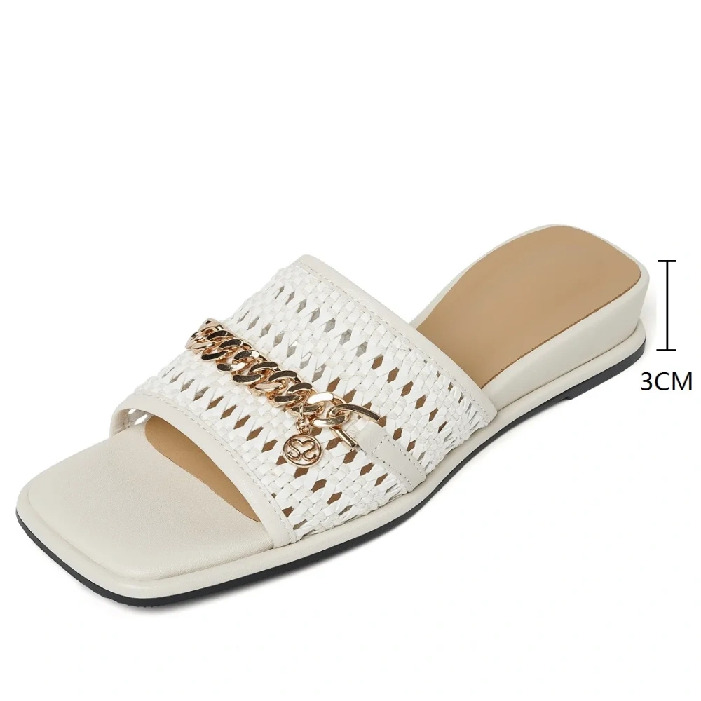 Women's Summer New Slim 3 CM Wedge Woven Cut Out Metal Chain Open Toe Square Toe Handmade French Fashion White Slippers 50618