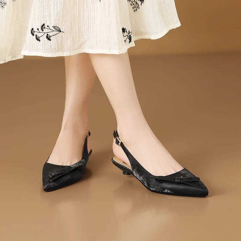 Women's Summer Slim 2 CM Low Heel Pointed Toe Shallow Mouth Slip-On Genuine Leather Ankle Strap Slingbacks Bowknot Shoes 50617