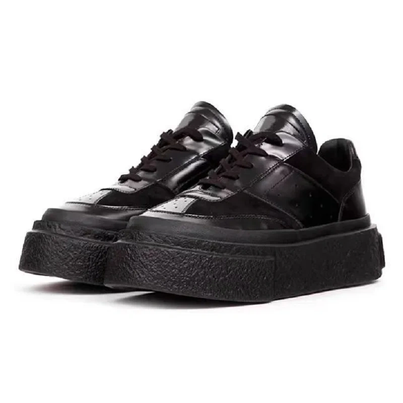 Men's Spring Autumn New 5CM Thick Sole Genuine Leather Platform Solid Color Round Toe Pigskin Lining Lace-Up Casual Shoes 50714
