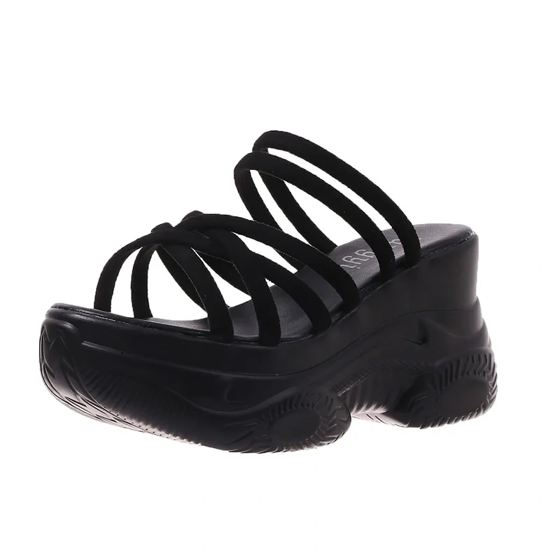 Women's Summer New Fashion Slim Fit 8CM Platform Cross Strap Peep Toe Shoes Cut Out Wedge Round Toe Solid Color Slippers 50712