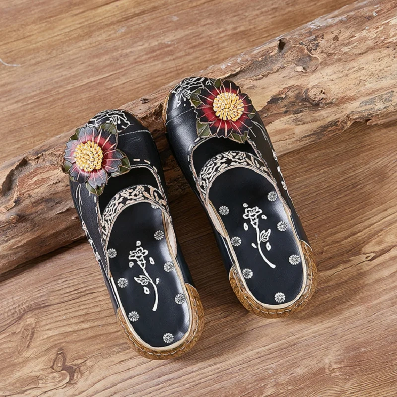 Women's Summer New Slim Fit 5 CM High Heel Genuine Leather Floral Print Closed Toe Retro Handmade Wedge Platform Slippers 50530