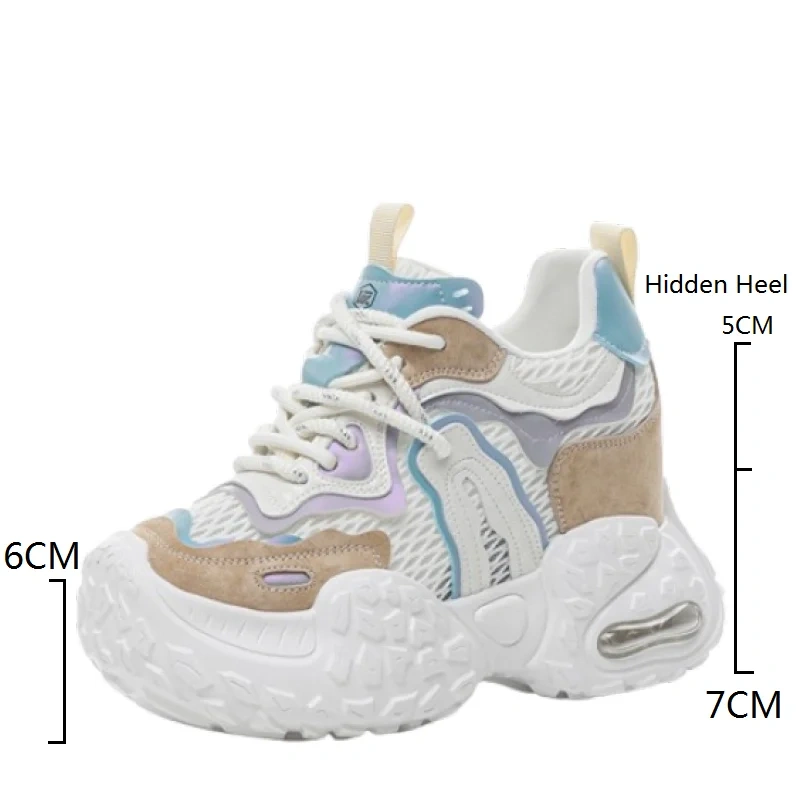 Women's Summer 12 CM Platform Genuine Leather & Mesh Breathable Upper Purple Sneakers Color Block Lace-Up Green Shoes 50524