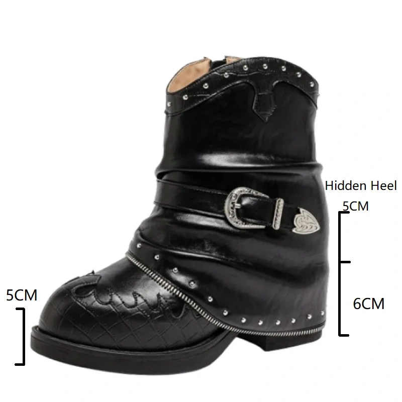 Punk 11CM Inner Height Increasing Real Leather Rivets Belt Buckle Pointed Toe Street Style Autumn Winter Women's Boots 51014