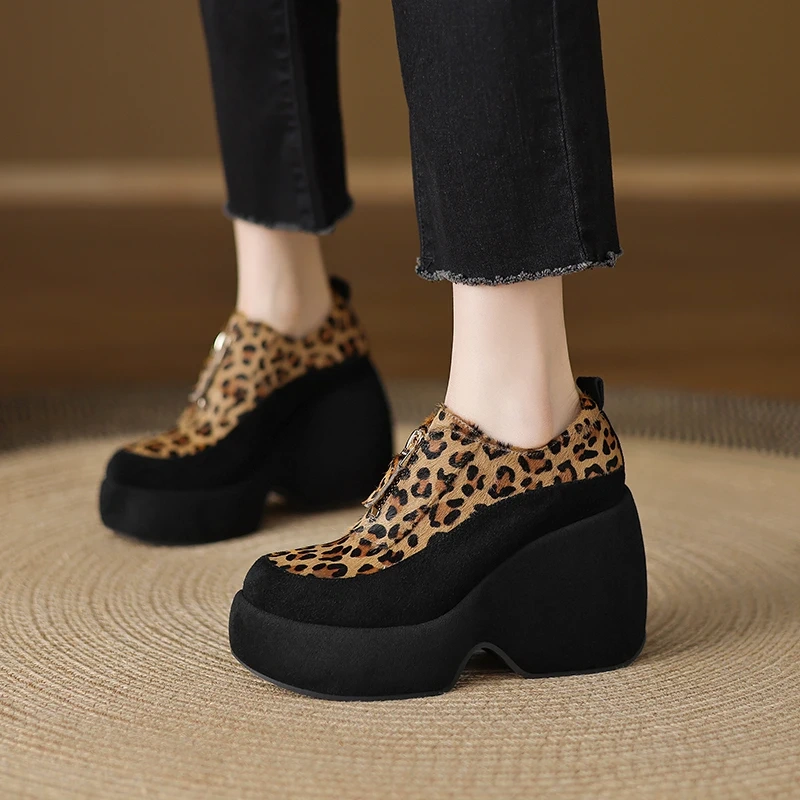Women's Spring/Fall Genuine Leather & Pony Hair 10CM Wedge Heel Leopard Print Zip Chunky Platform Fashion Concise Shoes 50727