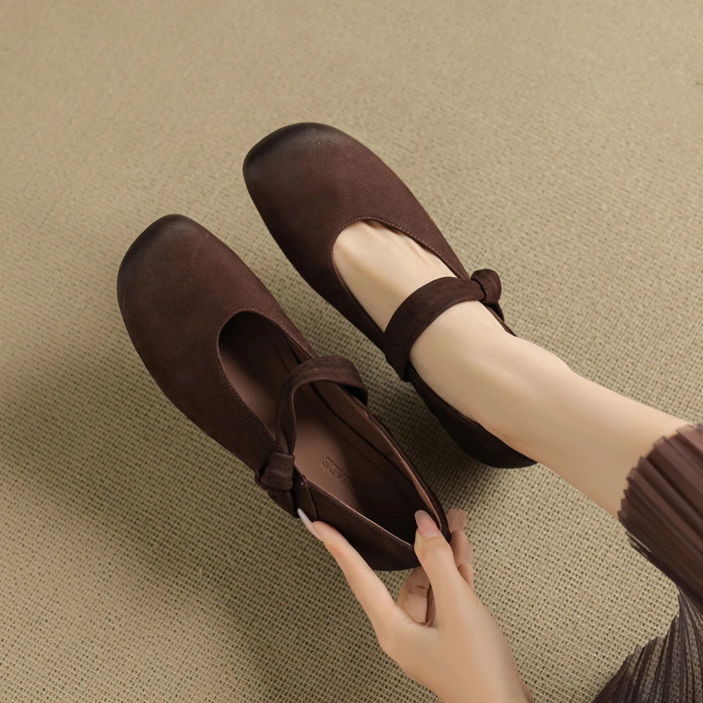 Women's New Autumn & Summer Genuine Leather Retro Round Toe Shallow Mouth Slip-On Single Strap 3CM Block Heel Casual Shoes 50728