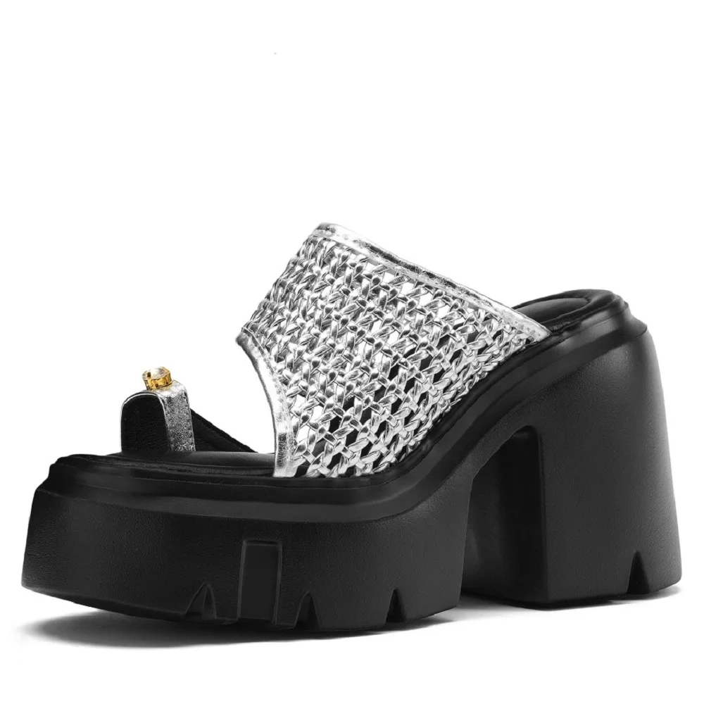 Women's Summer New Breathable Knit Open-Toe Sandals 12 CM High Heel Chunky Block Heel Platform Genuine Leather Shoes 50520